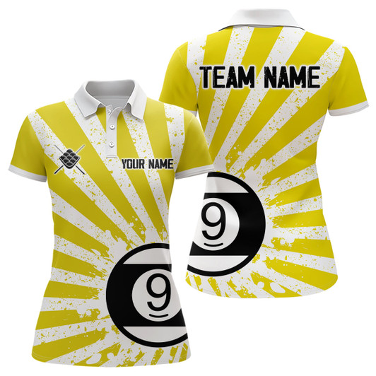 Custom Funny Grunge Billiard 9 Ball Women Polo & Quarter-Zip Shirts Custom Yellow 9 Ball Pool Jerseys Attire TDM1881
