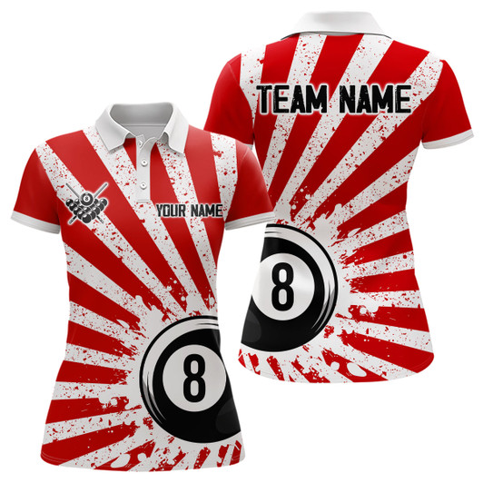 Custom Funny Grunge Billiard 8 Ball Women Polo & Quarter-Zip Shirts Custom Red 8 Ball Pool Jerseys Attire TDM1879