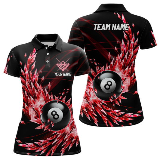 Custom 3D Red Frozen Ice Custom Women Billiard Polo & Quarter-Zip Shirts, 8 Ball Pool Billiard Attire Jersey TDM1705