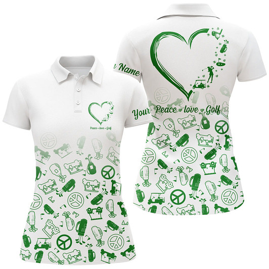 Custom Womens Golf Polo Shirts Custom Name Green Heart Peace Love Golf, Personalized Golf Shirts For Women Nqs5147