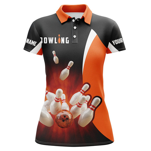 Custom Bowling Shirts Retro Black Orange Bowling Polo Shirts For Women, Bowling Team Jersey Nqs5054