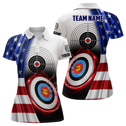 Custom American Flag Archery 3d Target Personalized Women Polo Shirts, Patriotic US Archery Jerseys For Team TDM0992