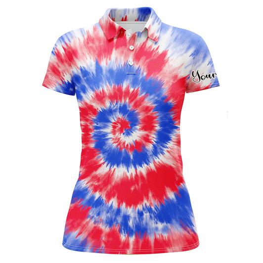 Custom Womens Golf Polo Shirts Red And Blue Tie Dye Background Custom Name Golf Shirt, Golfing Gift Nqs4072