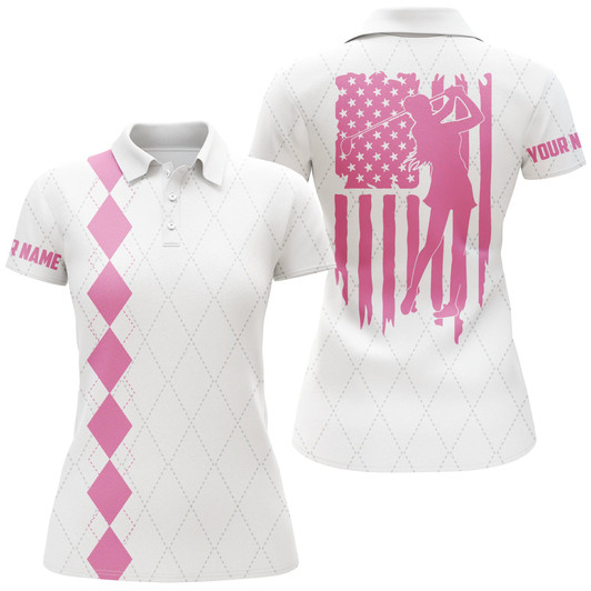 Custom Womens Golf Polo Shirt Pink American Flag Patriotic Golf Shirts Custom Name Golf Gifts Nqs4944