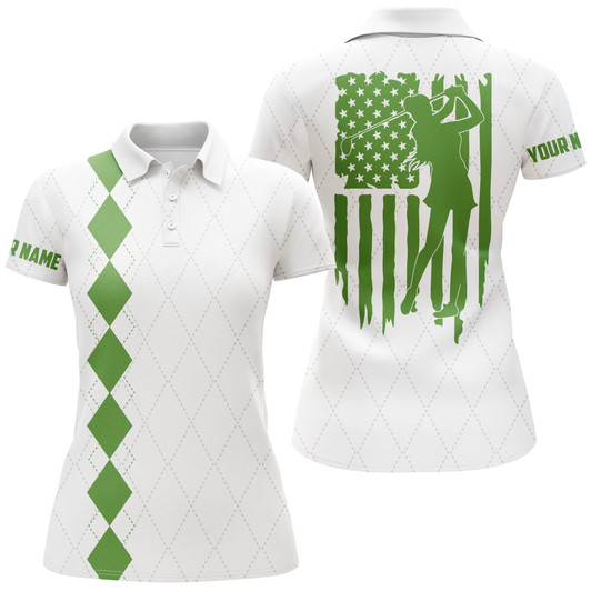 Custom Womens Golf Polo Shirt Green American Flag Patriotic Golf Shirts Custom Name Golf Gifts Nqs4942