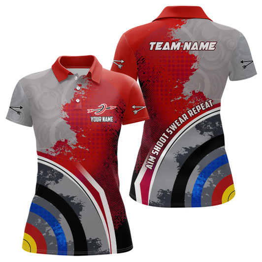 Custom Personalized Aim Shoot Swear Repeat Archery Polo Shirts For Women, Red Grey 3D Target Archery Shirts VHM0706