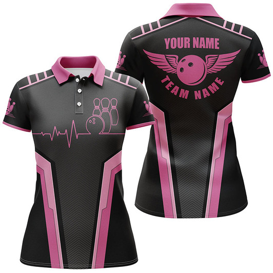 Custom Personalized 3d Bowling Shirts For Women, Custom Pink Short Sleeve Polo Bowling Heartbeat Shirts Nqs4556