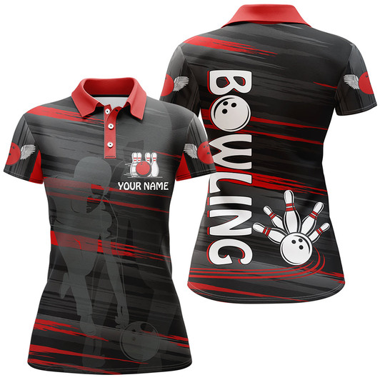 Custom Personalized Bowling Polo Shirt For Women Red And Black Bowling Shirt For Team Custom Bowling Jersey BDT08