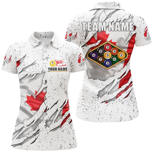 Custom Billiards Balls Canadian Flag White Grunge Custom Billiard Polo Shirts For Women, 9 Ball Pool Shirts VHM0662