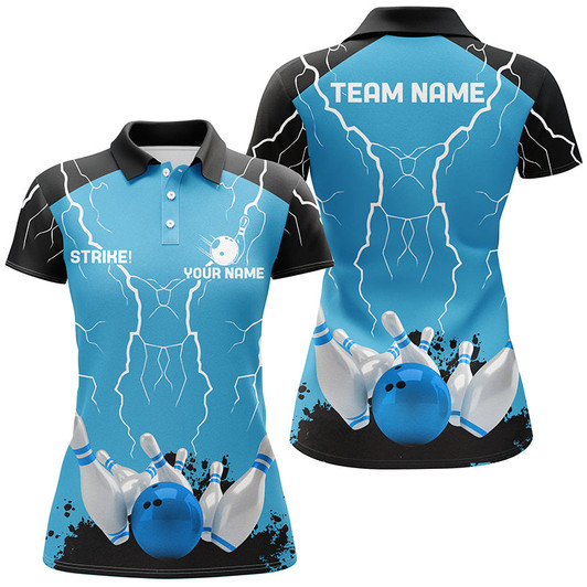Custom Women Bowling Polo Shirt Custom Bowling Strike Lightning Storm Thunder Team League Jerseys | Blue Nqs7084