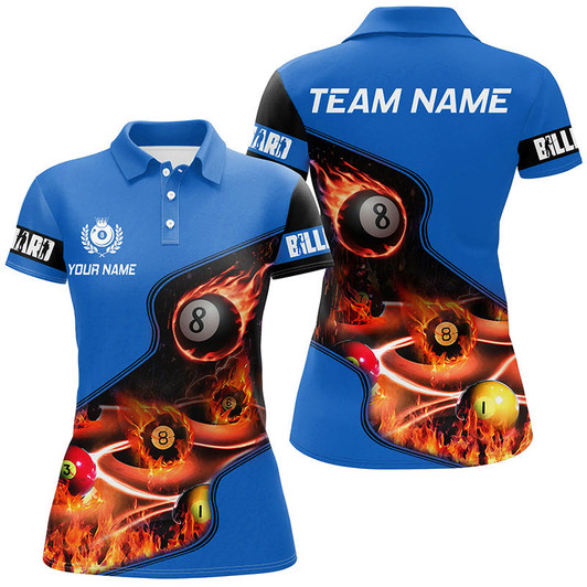 Custom Personalized Master Billiard Balls Flame 3D Women Polo Shirts, Blue Billiard Jersey For Pool Player TDM0978