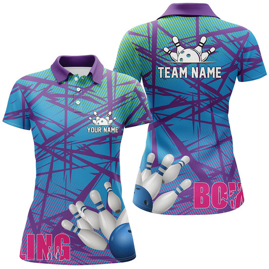 Custom Womens Bowling Polo Shirt Blue Purple Camo Bowling Jerseys, Personalized Bowling Team Shirts Nqs6996