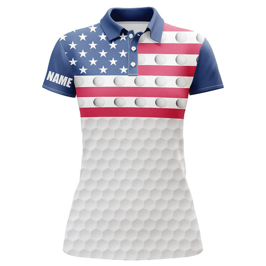 Custom American Flag Women Golf Polo Shirts Custom White Golf Ball Pattern Patriotic Female Golf Attire Nqs7866