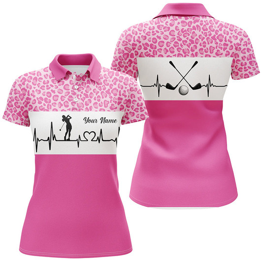 Custom Pink Leopard Pattern Golf Girl Heartbeat Women Polo Shirt, Best Pink Golf Shirt For Ladies LDT0004