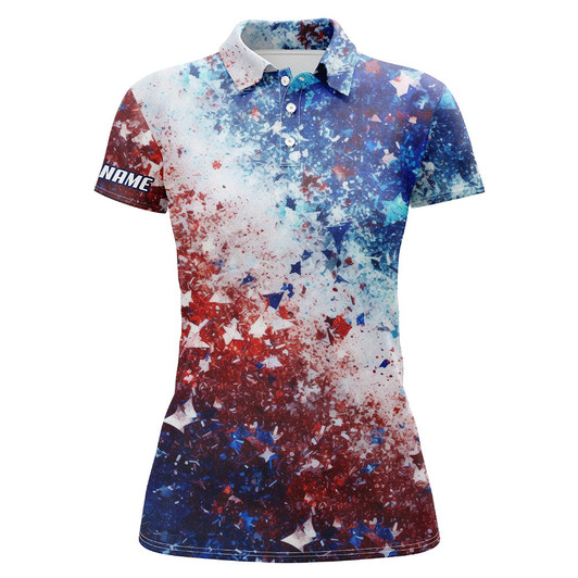 Custom Womens Golf Polo Shirts Red, White And Blue Stars Pattern Custom Golf Shirt For Womens, Golfing Gift Nqs5847