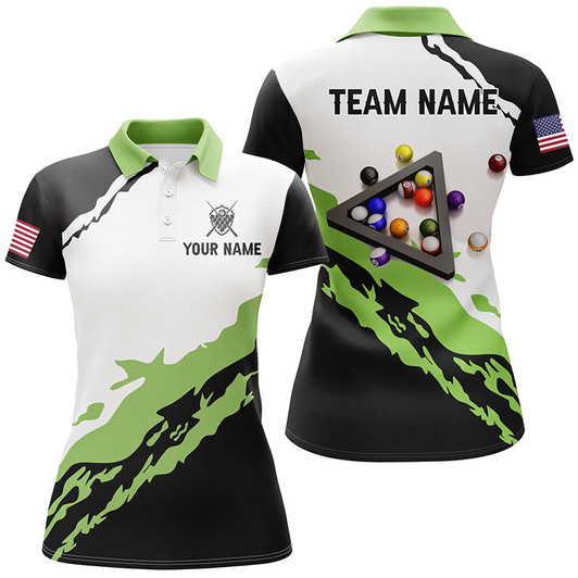 Custom Personalized 3D Black Green Billiard Balls Polo Shirts For Women Custom Team Name Billiard Jerseys TDM1059