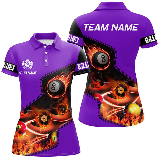 Custom Personalized Master Billiard Balls Flame 3D Women Polo Shirts, Purple Billiard Jersey For Pool Player TDM0980