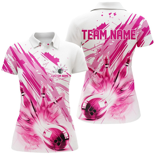 Custom Pink Bowling Strike Custom Bowling Polo/ Quarter Zip Team Shirts, Women Bowling Outfit IPHW6261