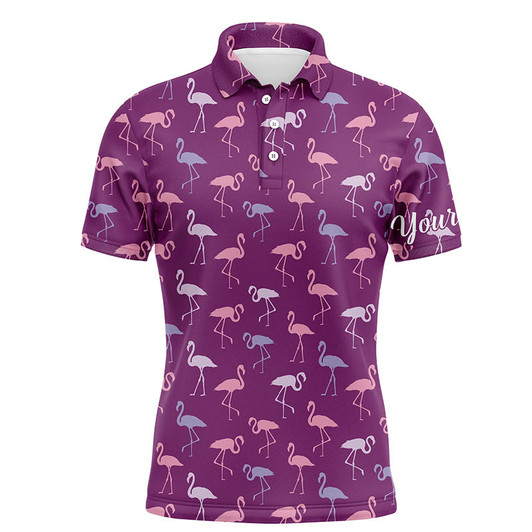 Custom Golf Men Polo Shirt - Custom Name Flamingos Birds Pattern Tropical Purple Apparel - Personalized Gift For Golf Lover, Team, Husband, Boyfriend, Men