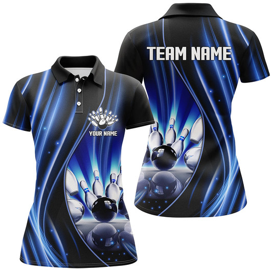 Custom Blue And Black Light Women Bowling Polo Shirt Custom Bowling League Jerseys, Personalized Bowling Gift Nqs7082