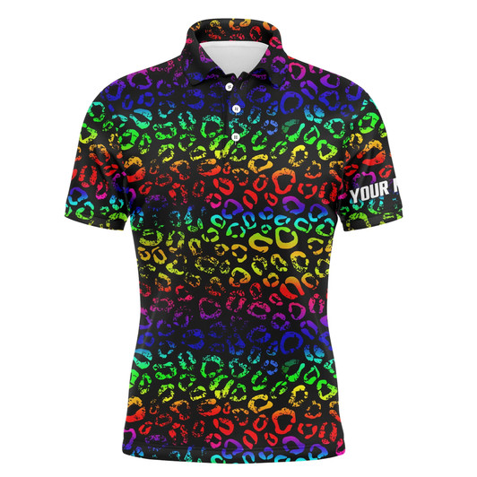 Custom Golf Men Polo Shirt - Custom Name Colorful Neon Rainbow Leopard Pattern Apparel - Personalized Gift For Golf Lover, Team, Husband, Boyfriend, Men