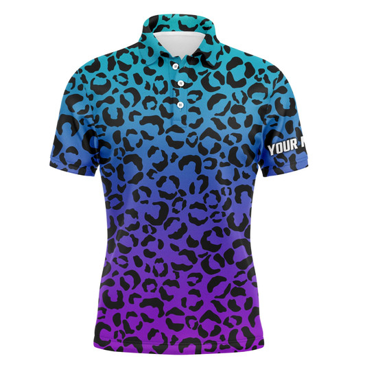 Custom Golf Men Polo Shirt - Custom Name Blue Purple Neon Leopard Pattern Apparel - Personalized Gift For Golf Lover, Team, Husband, Boyfriend, Men
