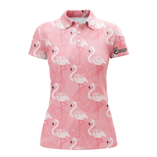 Custom Women Golf Polo Shirt Pink Flamingo Pattern Custom Name Polo Shirts Gift For Women Nqs3695