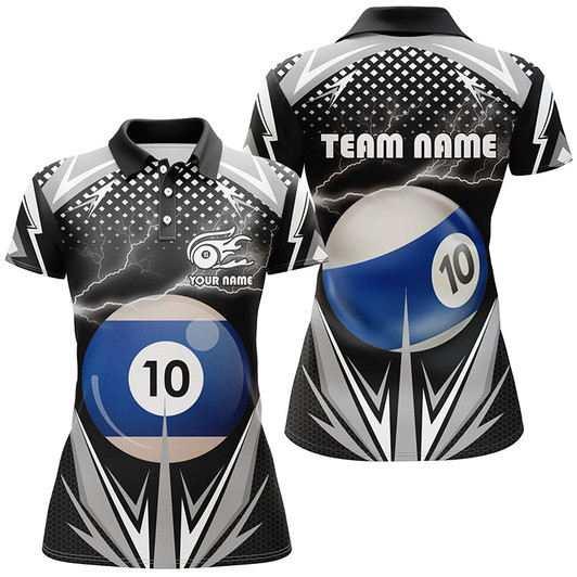 Custom Personalized Thunder Black 10 Ball Billiard 3D Polo Shirts For Women, 10 Ball Billiard Team Jerseys VHM0966
