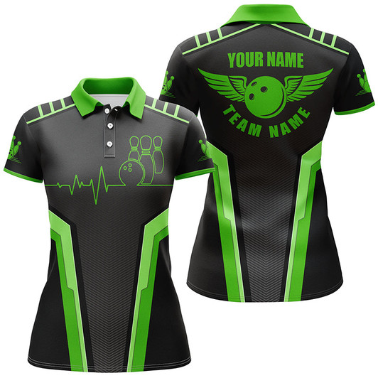 Custom Personalized 3d Bowling Shirt For Women, Custom Black Green Short Sleeve Polo Bowling Heartbeat Shirts Nqs4599
