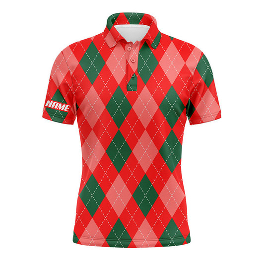 Custom Golf Men Polo Shirt - Christmas Plaid Red Argyle Pattern Custom Name Apparel - Personalized Gift For Golf Lover, Men, Husband, Team, Boyfriend