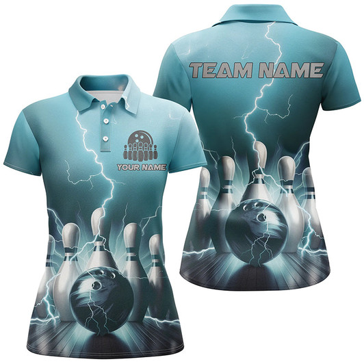 Custom Blue Thunder Lightning Women Polo Bowling Shirts Strike Bowling Team Jerseys Outfits IPHW5394