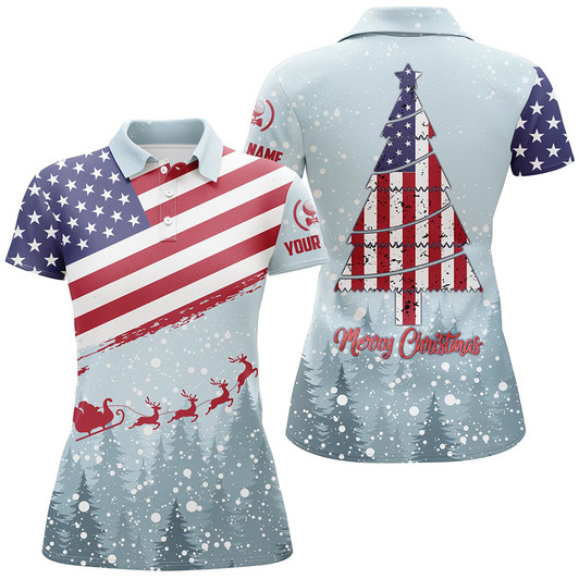 Custom Merry Christmas Usa Flag Golf Polo Shirt Custom Winter Forest Patriotic Golf Shirts For Women LDT0670