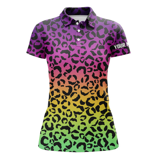 Custom Womens Golf Polo Shirts Neon Rainbow Leopard Pattern Golf Shirt Custom Golf Polo For Woman Nqs4993
