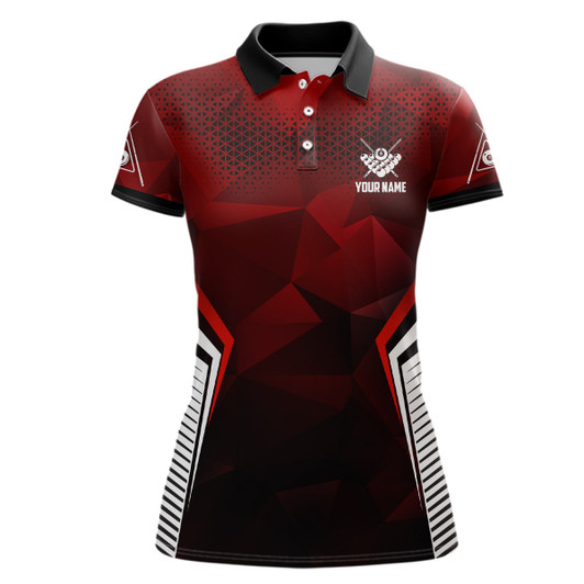 Custom Personalized Red Black 8 Ball Pool Billiard 3D Polo Shirts For Women, Custom 8 Ball Billiard Jerseys VHM0770