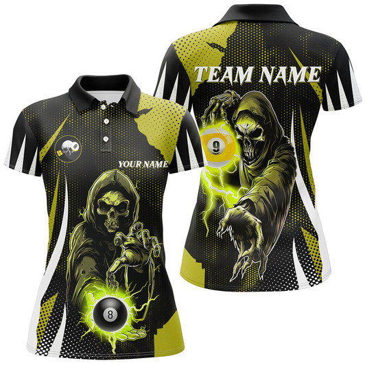 Custom Funny Yellow Death Skeleton With Billiard 8 Ball & 9 Ball Women Polo Shirts Custom Billiard Team Jersey TDM1341