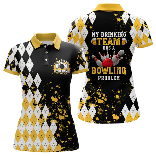 Custom Yellow Argyle Pattern Retro Bowling Polo Shirt For Women Custom My Drinking Team Has A Bowling Problem Nqs6951