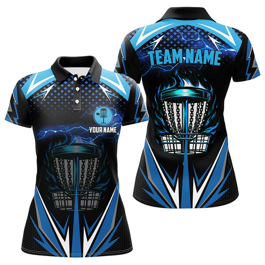 Custom Black Women Disc Golf Polo Shirts Custom Blue Fire Lightning Team Disc Golf Jerseys, Unique Golf Gifts Nqs7382