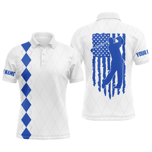 Custom Golf Men Polo Shirt - Custom Name Blue American Flag Apparel - Personalized Gift For Golf Lover, Team, Husband, Boyfriend, Men, Patriotic, 4th July