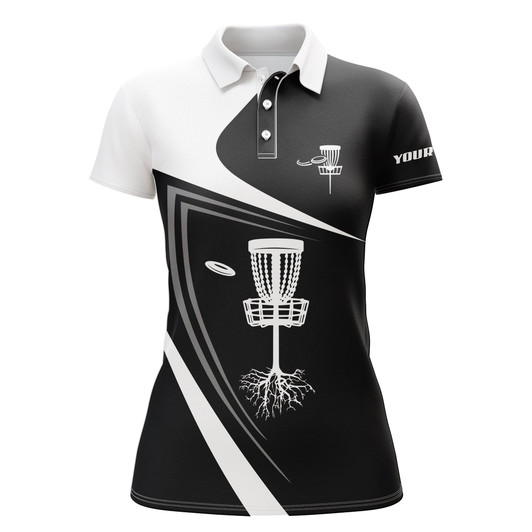 Custom Womens Disc Golf Polo Shirt Custom Name Black White Disc Golf Basket, Personalized Disc Golf Shirts Nqs4426