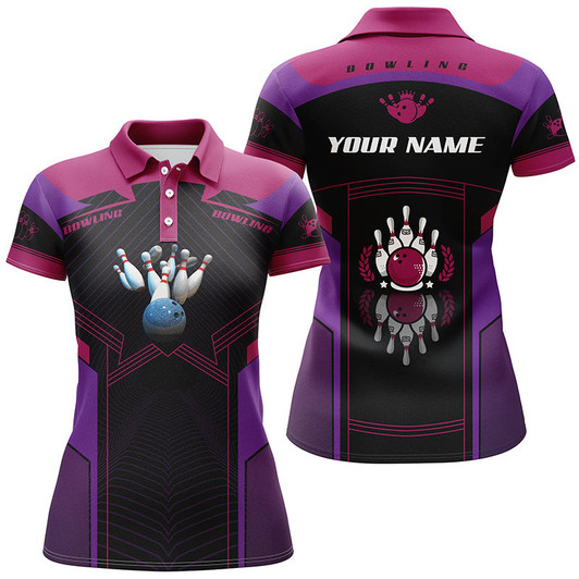 Custom Personalized Purple Short Sleeve Polo Bowling Shirts For Women, Custom Gift For Girl Bowlers Nqs4623