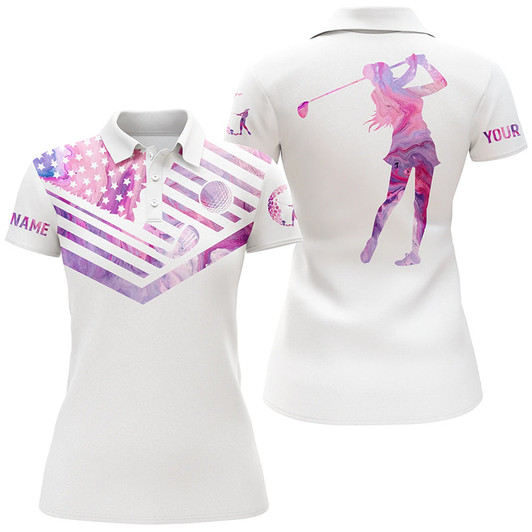 Custom Womens Golf Polo Shirt Pink Marble American Flag Custom Name White Golf Shirt Nqs3741