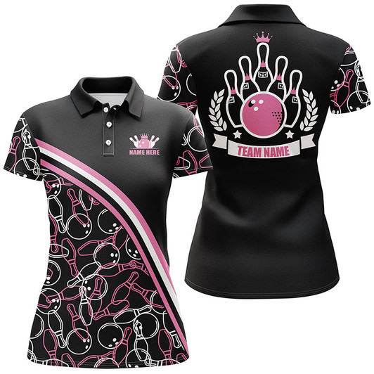 Custom Personalized Bowling Polo Shirts For Women Custom Pink Bowling Pattern, Bowling Team Shirts Nqs4867