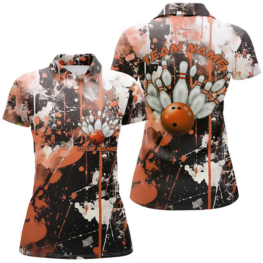 Custom Orange Camo Bowling Team Shirts Women Polo Custom Bowling League Jerseys Strike Bowling IPHW5412