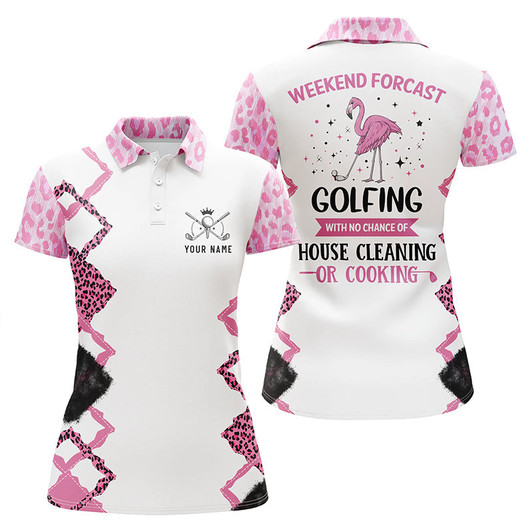 Custom Pink Flamingo Leopard Custom Women Golf Polo Shirt Weekend Forecast Golfing With No Cleaning Cooking Nqs5153