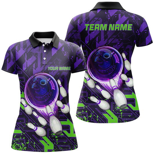 Custom Women Bowling Polo Shirts Custom Purple Green Abstract Bowling Team League Jerseys, Bowling Gifts Nqs7102