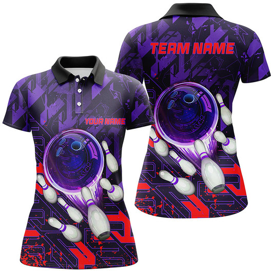 Custom Women Bowling Polo Shirts Custom Purple Red Abstract Bowling Team League Jerseys, Bowling Gifts Nqs7101