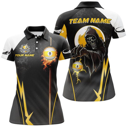 Custom Funny Death Skeleton Billiard Ball 9 Fire And Cue Custom Women Polo Shirts, Best 9 Ball Pool Jerseys TDM1314