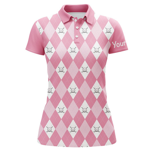 Custom Pink Argyle Plaid Pattern Womens Golf Polos Shirts Custom Golf Shirts For Women, Ladies Golf Polo Nqs5156
