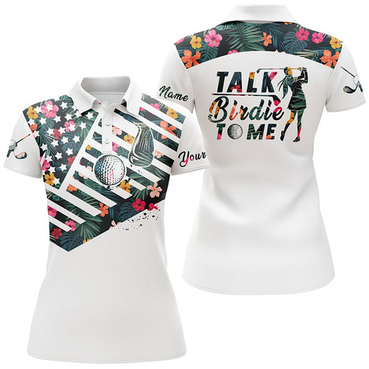 Custom American Flag Patriotic Womens Polo Shirt Custom Tropical Flower Talk Birdie To Me Golf Shirts Nqs5114