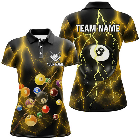 Custom Personalized 8 Ball Pool Thunder Lightning Yellow Version Polo Shirts For Women, Pool League Shirts TDM0285